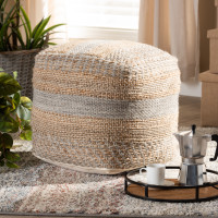 Baxton Studio Grange-Natural/Grey-Pouf Grange Moroccan Inspired Natural and Grey Handwoven Hemp Pouf Ottoman